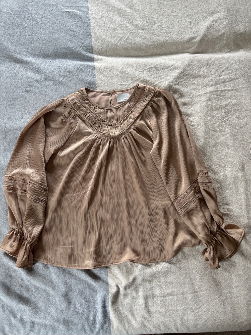 NEW Greylin Woven Lace Yoke Long-Sleeve Blouse in Taupe
